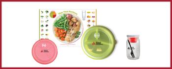 Diabetes meal planning tools including food choice placemat, pre-divided plastic portion plate, and plastic smoothie cup