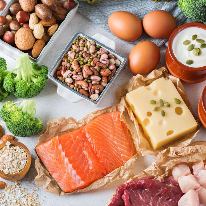 Mix of very low carb foods including nuts, cheese, and salmon