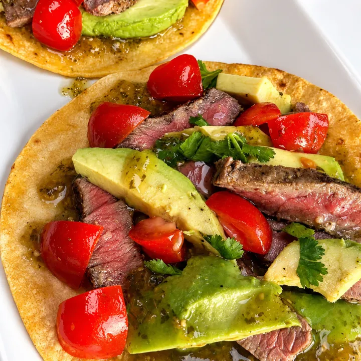 Steak tacos with avocado, cherry tomatoes, and green sauce.
