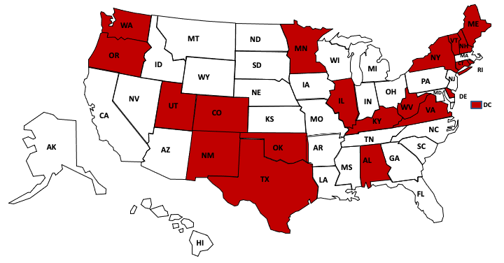 Map of United States with 20 states highlighted in red