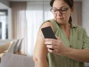 Middle aged woman checking her cgm with phone