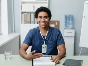 Smiling young African American physician at desk with clip board