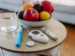 Close-up of diabetes supplies and devices