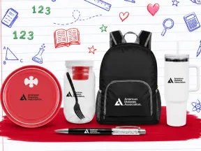 ADA branded items: red plate, jar, black backpack, white tumbler, and pen on a school-themed background.