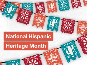 Graphic: Papel picado banners frame 'National Hispanic Heritage Month' text.