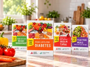 Four ADA guides: 'Food Lists for Diabetes', 'Weight Management', 'Counting Insulin Carbs', 'Plan Your Meals'. Fresh vegetables.