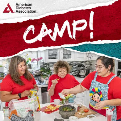 Three women in a kitchen making a healthy meal under a banner that says CAMP!