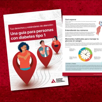 Tres documentos ADA sobre diabetes. El principal: "Guía para personas con diabetes tipo 1", con ilustraciones y dispositivos médicos.