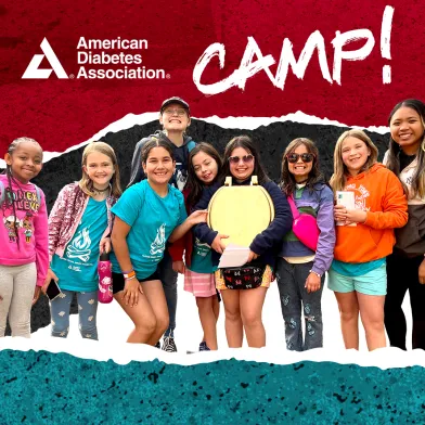 "American Diabetes Association CAMP!" graphic. Diverse group of smiling children.
