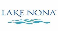 Lake Nona logo in blue over blue water graphic