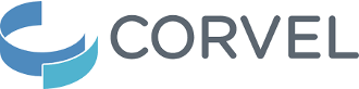 Corvel logo with blue 3D semi circles