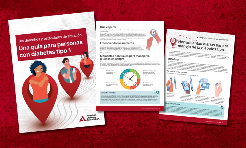 Tres documentos ADA sobre diabetes. El principal: "Guía para personas con diabetes tipo 1", con ilustraciones y dispositivos médicos.