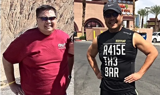 Man's before &amp; after weight loss: heavier vs. fit in black 'R415E TH3 BAR' tank top.