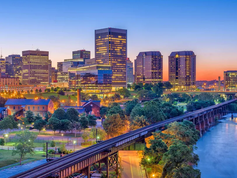 Richmond Virginia skyline along the James river at dusk