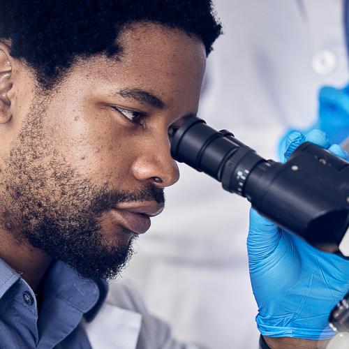 African American male researcher looking down microscope