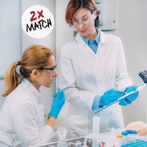 Two female researchers testing olfactory solvents in lab with 2X match in white circle