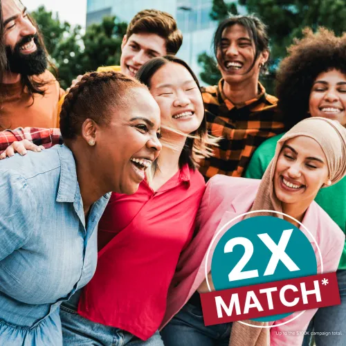 Joyful, diverse young adults smiling. Graphic overlay says, "2X MATCH."