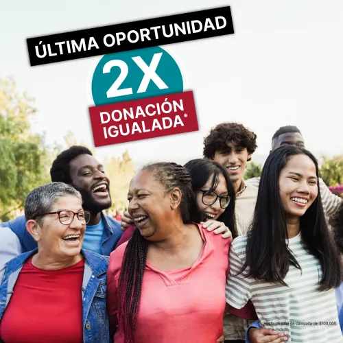 Grupo diverso de personas sonriendo, con texto: ÚLTIMA OPORTUNIDAD 2X DONACIÓN IGUALADA.