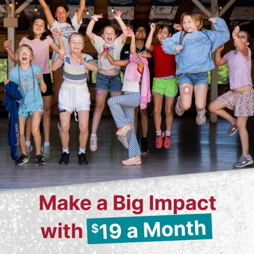 Happy jumping young girs at diabetes camp. Make a Big Impact with $19 a Month in banner below