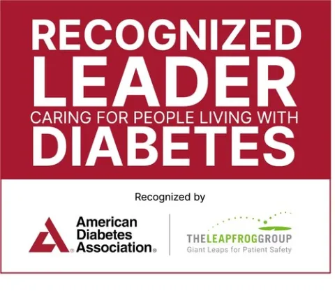 Award graphic: 'Recognized Leader Caring for People Living with Diabetes'. Recognized by ADA and The Leapfrog Group