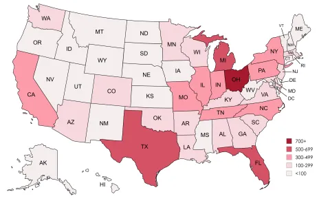 Graphic: US map showing states color-coded by five data ranges; Texas, Ohio, and others have highest values.