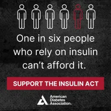 Social media infographic stating One in six people who rely on insulin can't afford it. Support the Insulin Act.