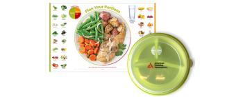 Laminated plate method chart showing how to portion food with green plastic pre-portioned plate