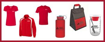 American Diabetes Association apparel including red man and woman's shirt, red jacket, red water bottle, gray and red tote back, and acrylic measuring bottle