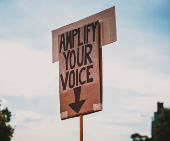 Street sign with Amplify Your Voice written in black with arrow pointing down