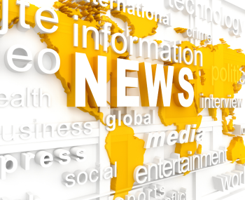 3D word news surrounded by other words over top yellow 3D rendering of the earths countries