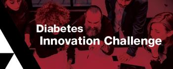 diabetes innovation challenge in white text over red background with people collaborating at a table.