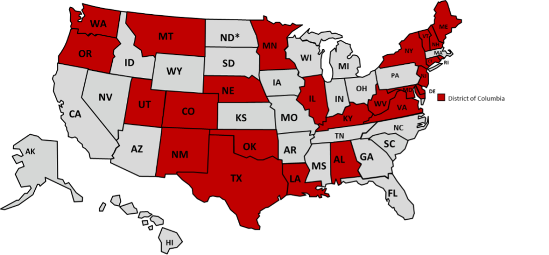 US map with states in grey and red